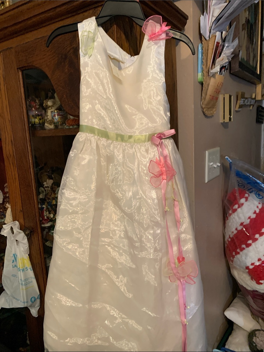 Jenny Annie Girls White Flower Satin Sleeveless Dress Pink & Green Trim (6x)